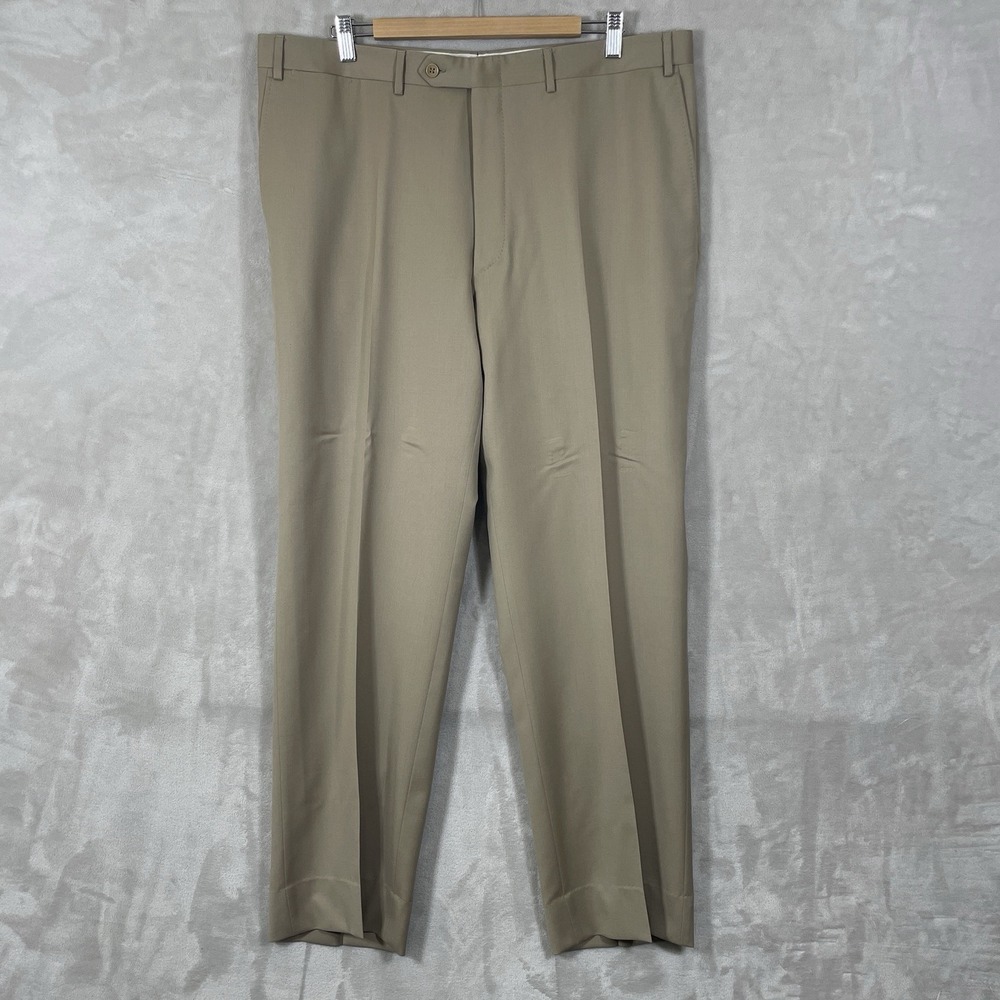 Canali Wool Dress Pants Mens Size 38x32 Beige Flat Front Trousers Made In Italy